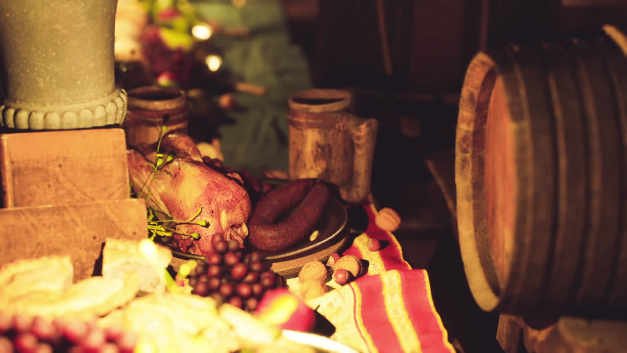 Festive table display of assorted food and drinks