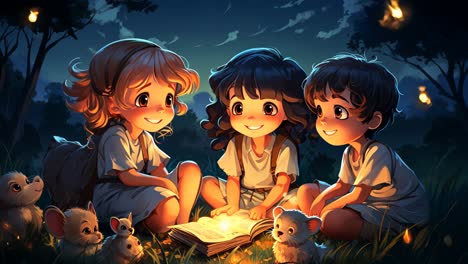 children reading a book under the stars on a warm summer night