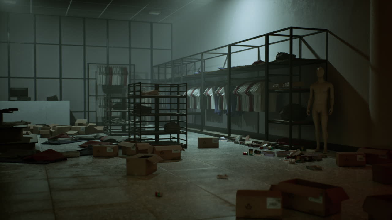 Store devastated by thieves with scattered debris and clothing in disarray