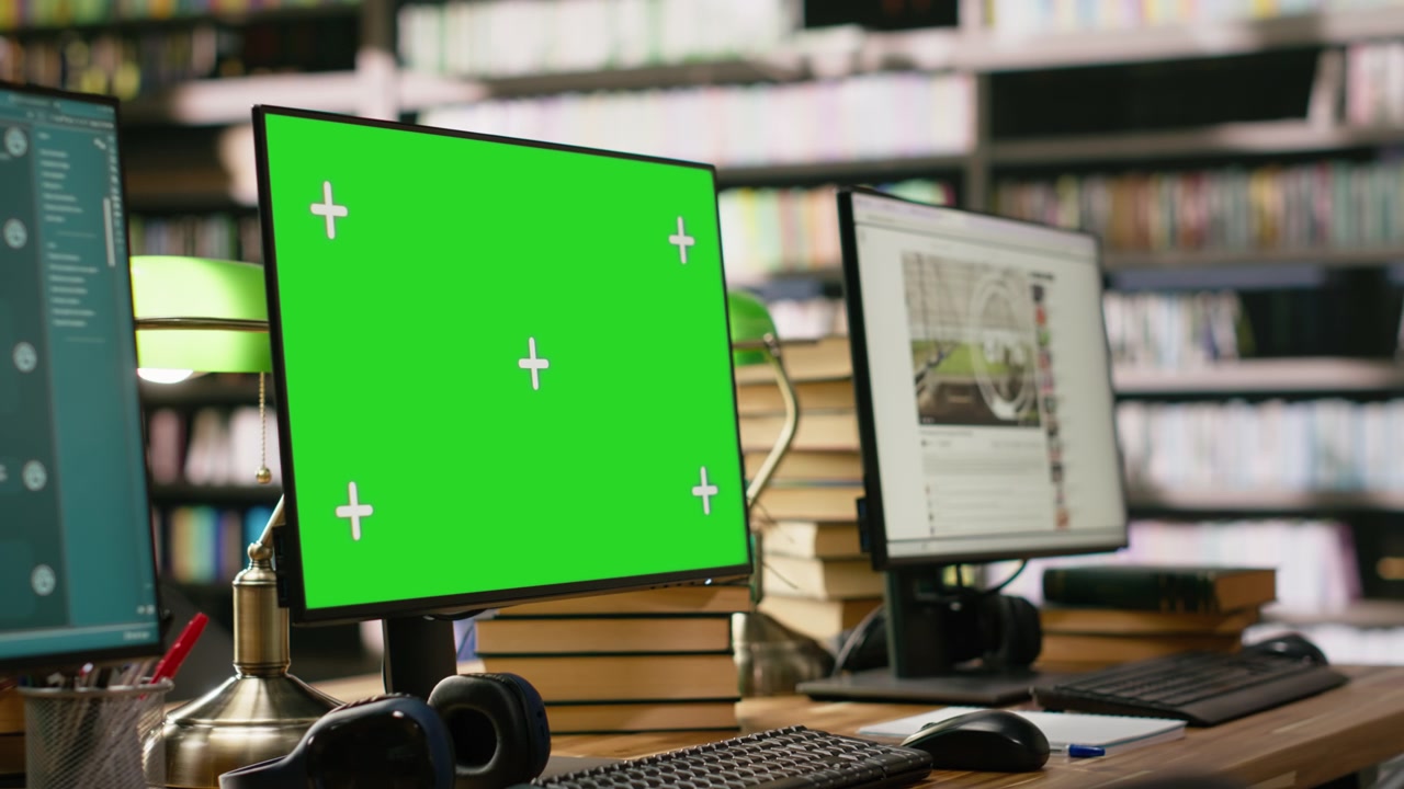 Green screen monitor mockup with multiple interfaces on desktop