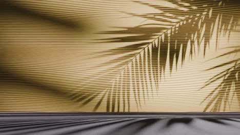 palm leaf shadows on ribbed yellow wall and floor. minimalist background scene. tropical summer and vacation concept. design for wallpaper, banner, header, poster. front view with copy space