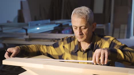 carpenter man measuring wooden boards with meter.