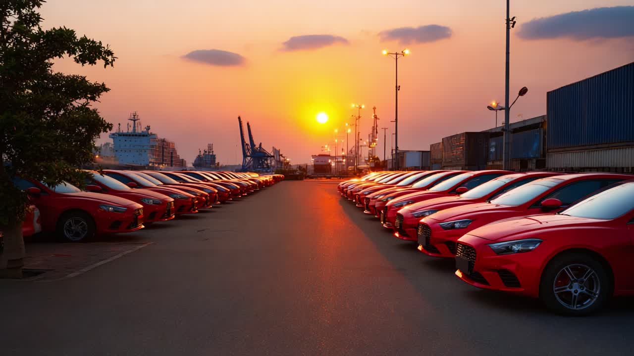 En fantastisk solnedgang over en række røde biler i en havn, der fanger skønheden i bilindustrielt design mod en levende tusmørke himmel