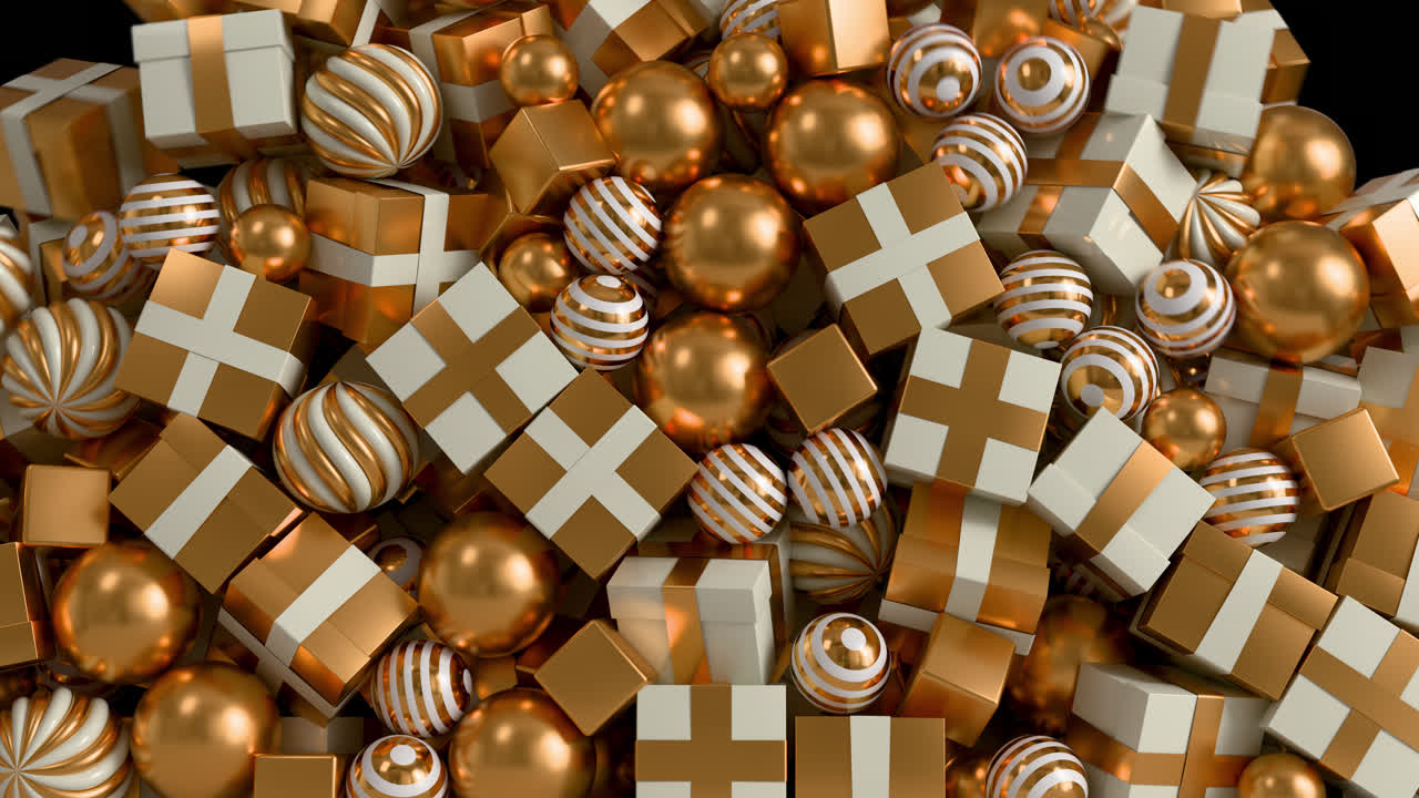 Festive 3D transition of falling golden gifts and Christmas ornament balls filling the screen on a transparent alpha channel