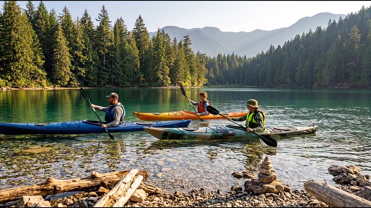Attività ricreativa in canoa e kayak su un tranquillo lago nel bosco