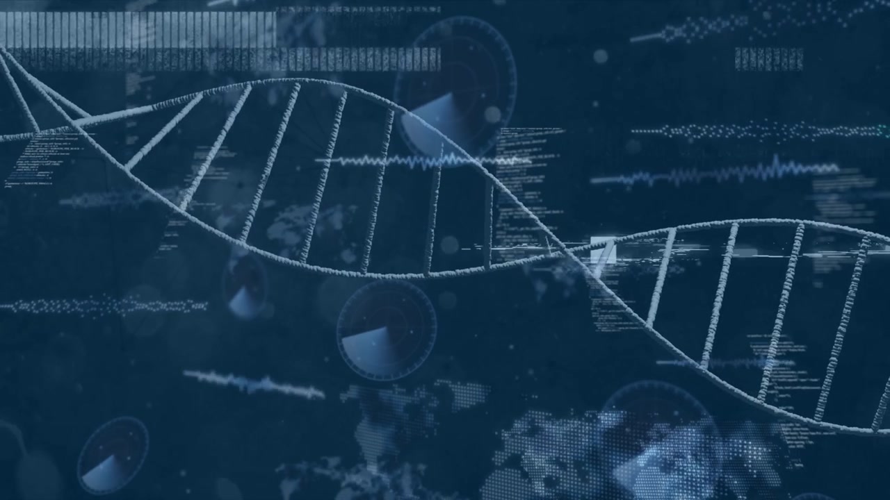 Sliding code initiating chalk helix shifting and undulating while pulsing tags showing biotech data
