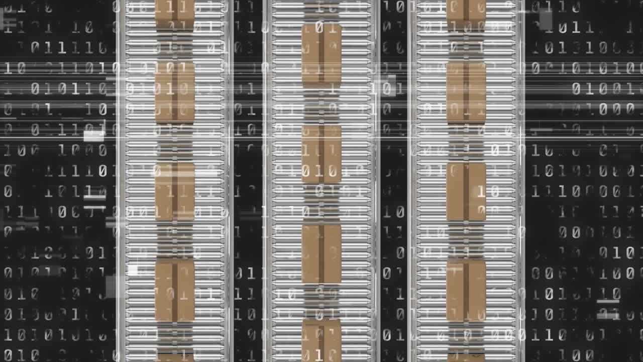Animation of binary codes and glitch technique over cardboard boxes moving on conveyor belt