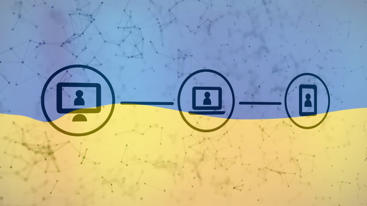 анимация соединений с иконами над флагом украины