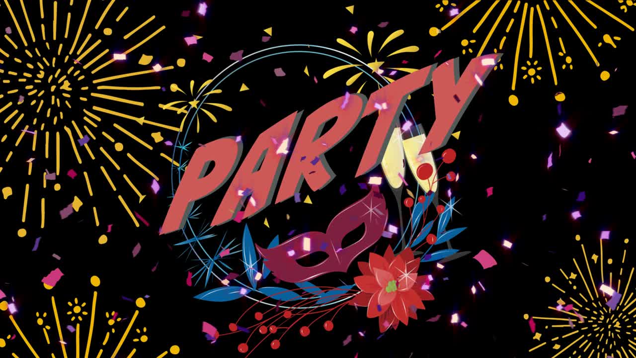 Animation of party over fireworks on black background