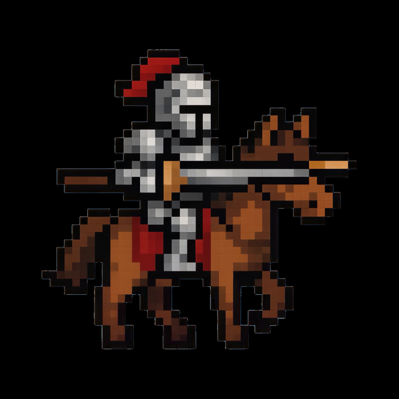 Pixelated knight riding horse animation isolated asset, transparent 4K video, alpha channel, ProRes