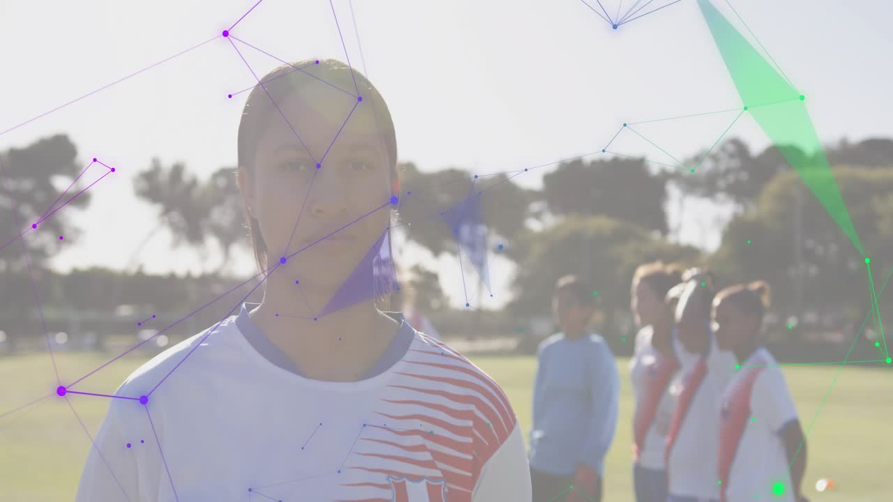 Focus sharpening showing soccer player posing, digital mesh intensifying and fading behind claps