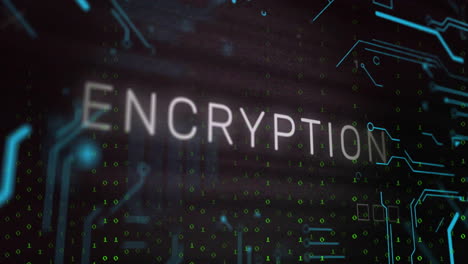 animation of encryption text over network and binary data processing on black background