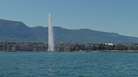 peaceful morning in geneva with the iconic jet d’eau rising from the lake, calm waters reflecting the clear sky, and the city slowly coming to life in the morning light.