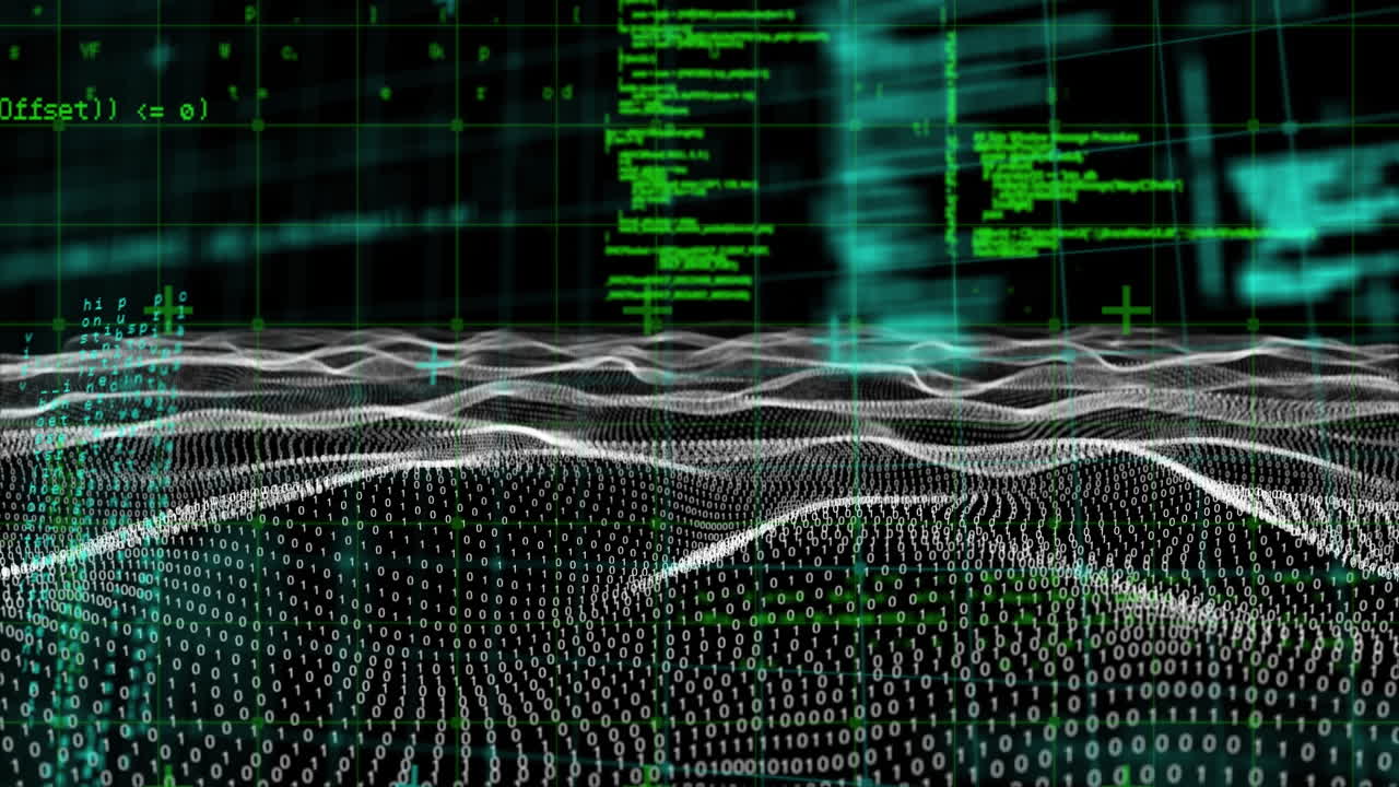 Animation of science data processing over dark background