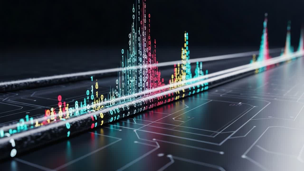 Dynamic Visualization of Data Trends in a High-Tech Environment with Vibrant Colored Binary Sequences and Graph Patterns Representing Information Flow