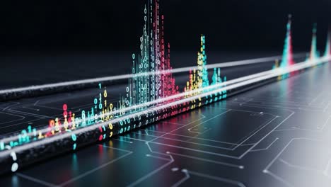 dynamic visualization of data trends in a high-tech environment with vibrant colored binary sequences and graph patterns representing information flow