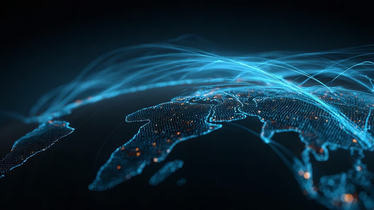 Dynamic Visualization of Global Connectivity Represented Through a Network of Light Over a Digital Earth, Emphasizing Interconnectedness and Data Flow