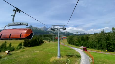 Telesilla-Sobre-El-Verde-Paisaje-Boscoso,-Fondo-De-Los-Altos-Tatras,-Eslovaquia