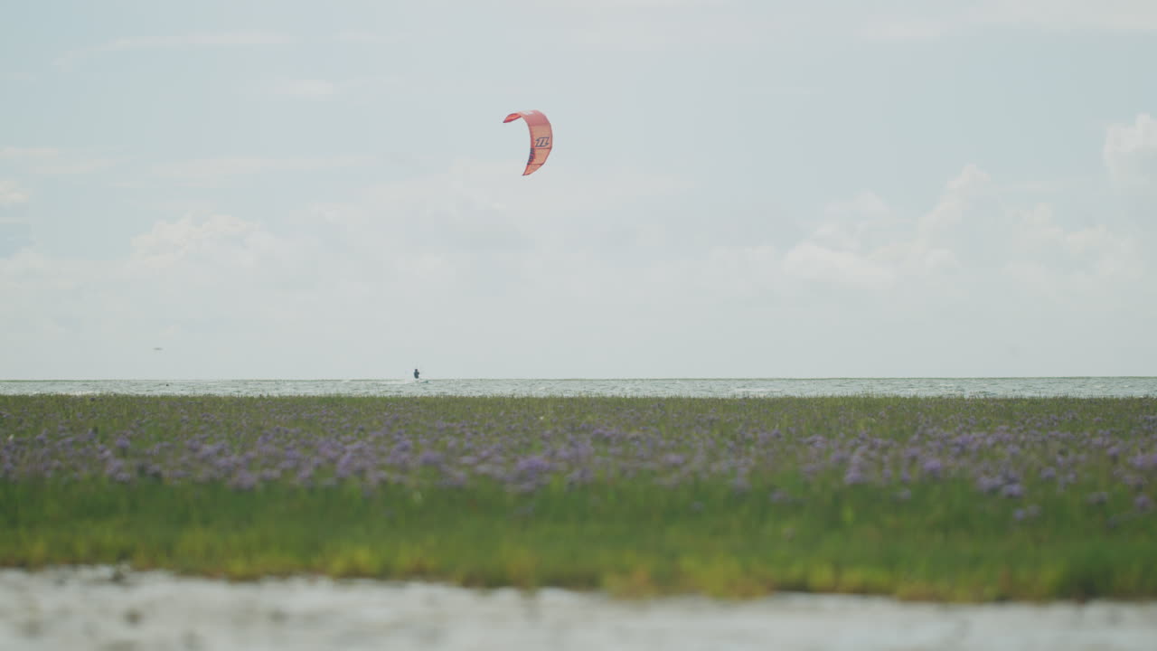 ⁇ 은 날 왼쪽에서 오른쪽으로 물 위에서 서핑하는 카이트 서퍼의 정적 넓은  ⁇