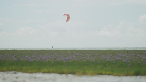 Static wide shot of a kite surfer surfing on the water from left to right on a sunny day