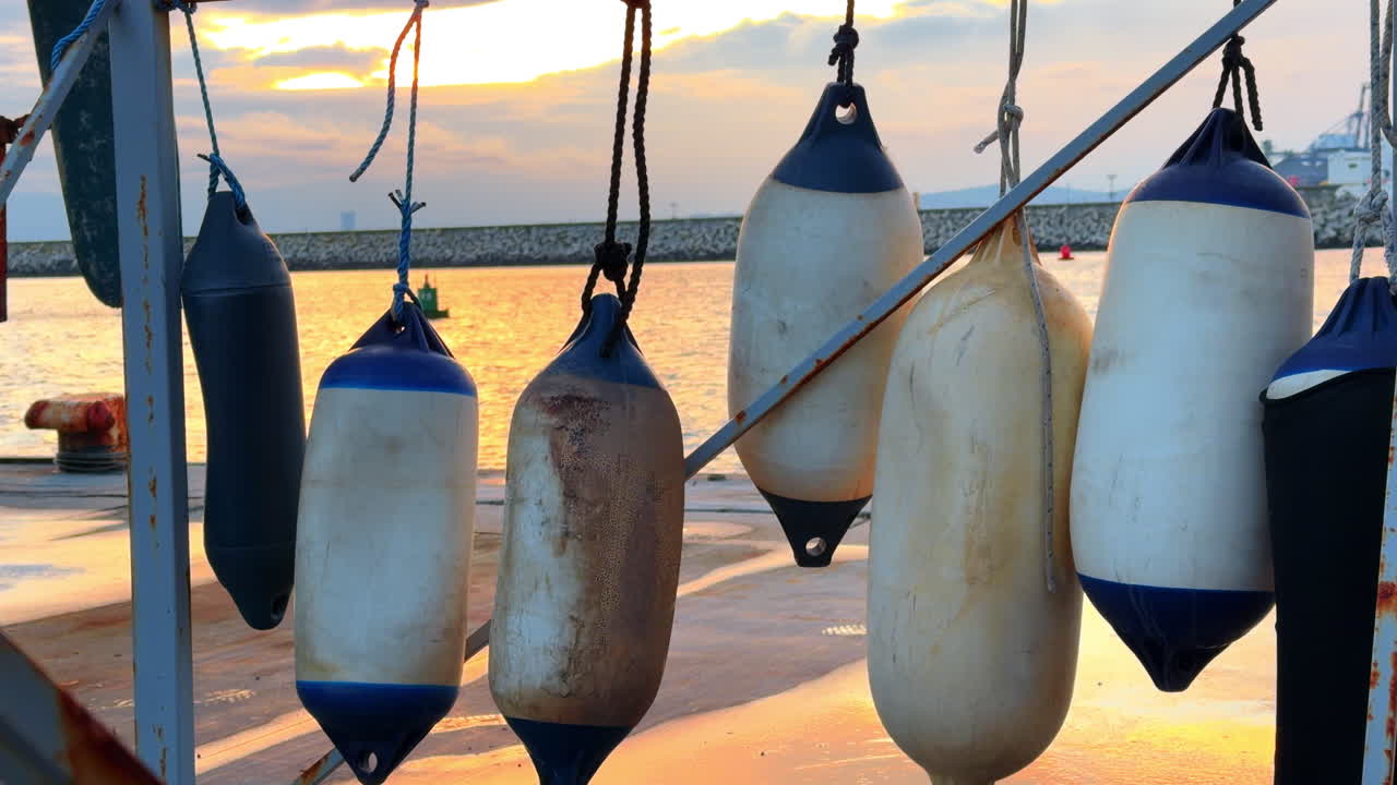Boe galleggianti appese a una barca al tramonto vicino al porto. Boe appese a una barca vicino all'acqua durante il tramonto in un ambiente portuale