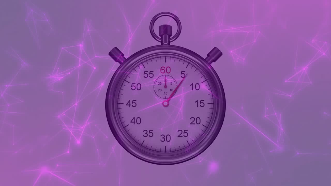 Second hand starting at zero ticking clockwise on stopwatch in violet network visualizing time flow
