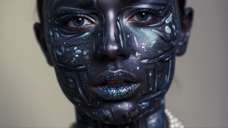 Amesha the Cyborg: Captivating Close-Up of a Futuristic Face Painted with Metallic Patterns and Glittering Lips, Merging Art and Technology in Striking Imagery