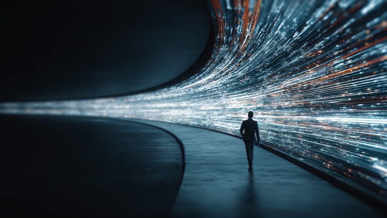 A solitary figure walking through a glowing, dynamic tunnel filled with vibrant light trails, symbolizing a journey into the future or the realm of technology