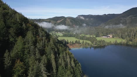 Drone-Flying-Along-Austrian-Lake,-Erlaufsee,-Near-Mariazell