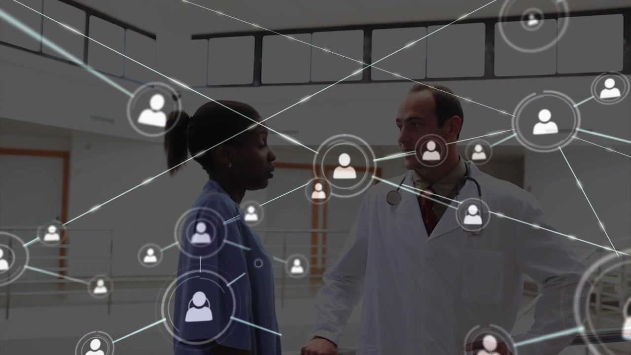 Medical Professionals Discussing with Digital Network Overlay