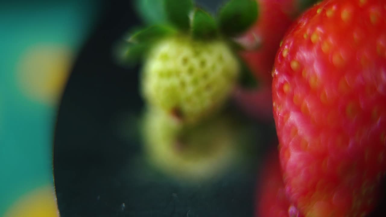 Video macro dettagliato di un mucchio rosso di fragole, piccola fragola verde CRUDA, su un supporto rotante, movimento fluido, slow motion 120fps