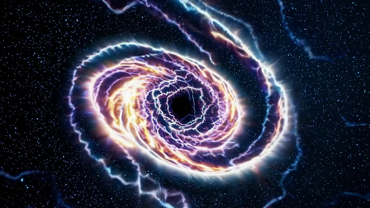 Un affascinante vortice cosmico con luci al neon vorticose, ripreso dall'alto.