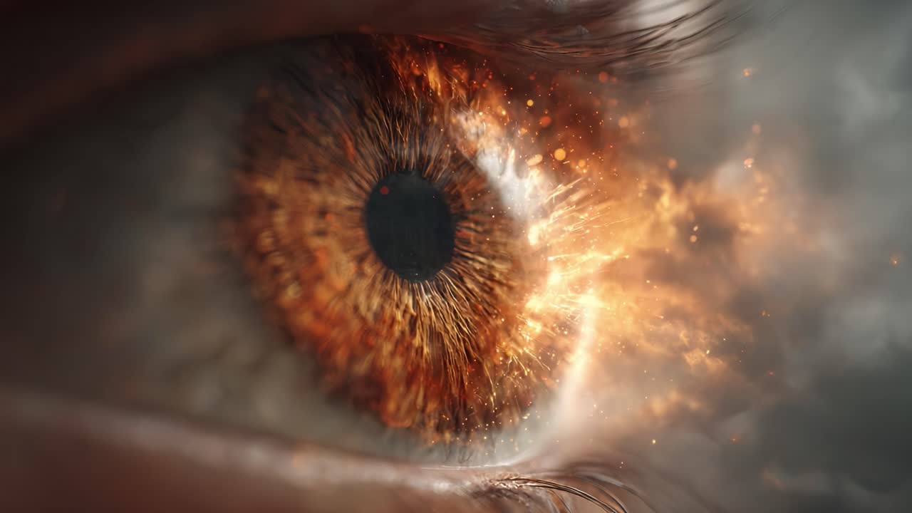 Una potente rappresentazione di un occhio infuocato, che illumina la bellezza e l'intensità delle emozioni umane attraverso immagini vivide e straordinari effetti visivi.