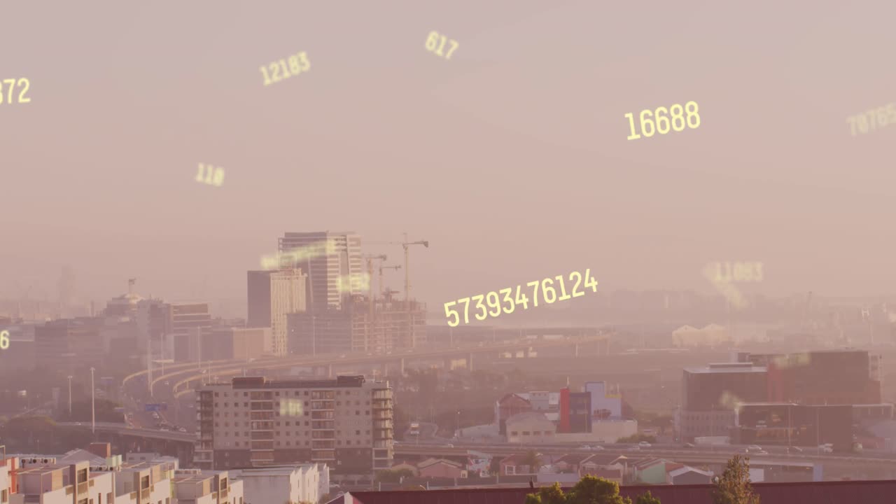 도시 풍경 위의 숫자 애니메이션과 데이터 처리