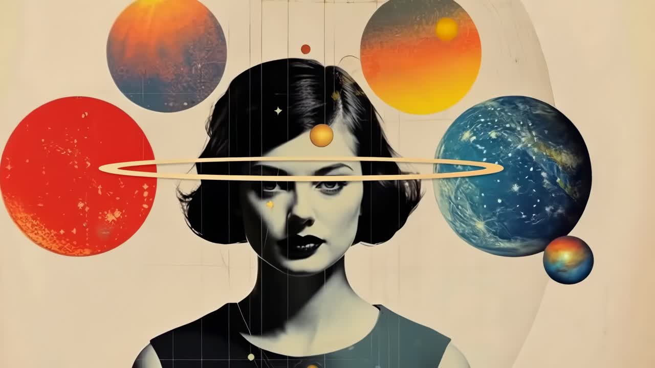 Surreal video concept featuring a woman with planets orbiting her head