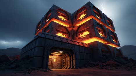 a futuristic structure emanating fiery glow amidst a stormy landscape, showcasing an imposing design and theatrical lighting effects in a dystopian setting