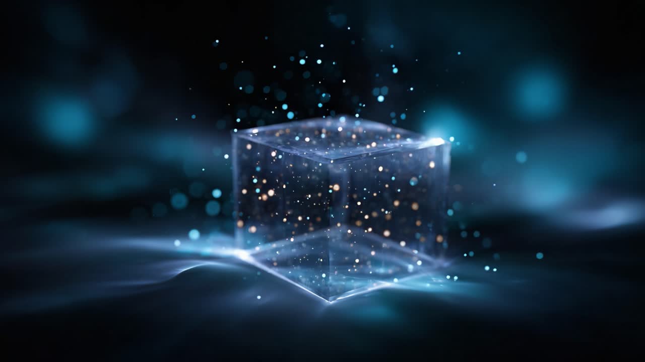 A mesmerizing illuminated cube surrounded by a captivating haze of shimmering particles and ethereal light, creating an enchanting visual experience