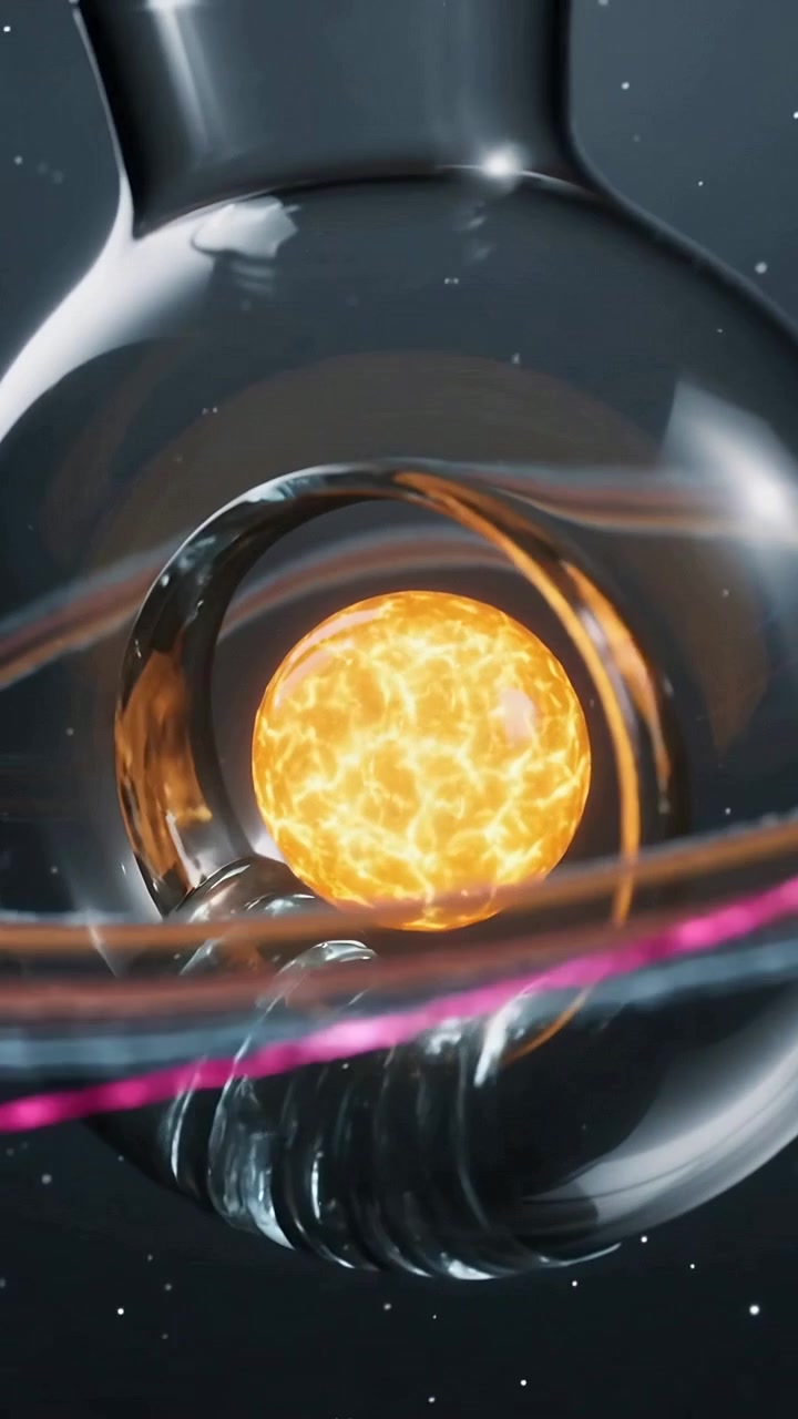 Video verticale: Sfera di vetro rotante che mostra un anello cavo, un nucleo arancione mentre la telecamera si sposta per rivelare i riflessi