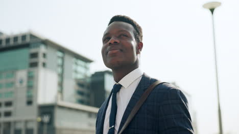 city, thinking and business black man with ideas
