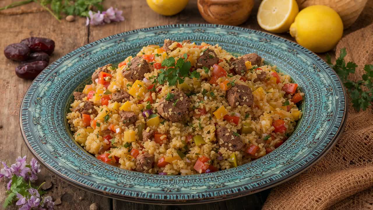 Cámara acercándose a una mesa de madera, mostrando un plato turquesa con ensalada de bulgur y albóndigas.
