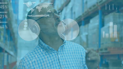 animation of caucasian man working in warehouse over data p