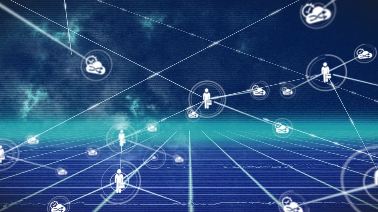 텍스처 파란색 배경에 대한 그리드 네트워크를 통해 디지털 아이콘 네트워크의 애니메이션