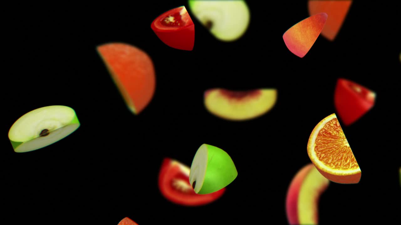 Fruit segments falling on black background, seamless loop, CG