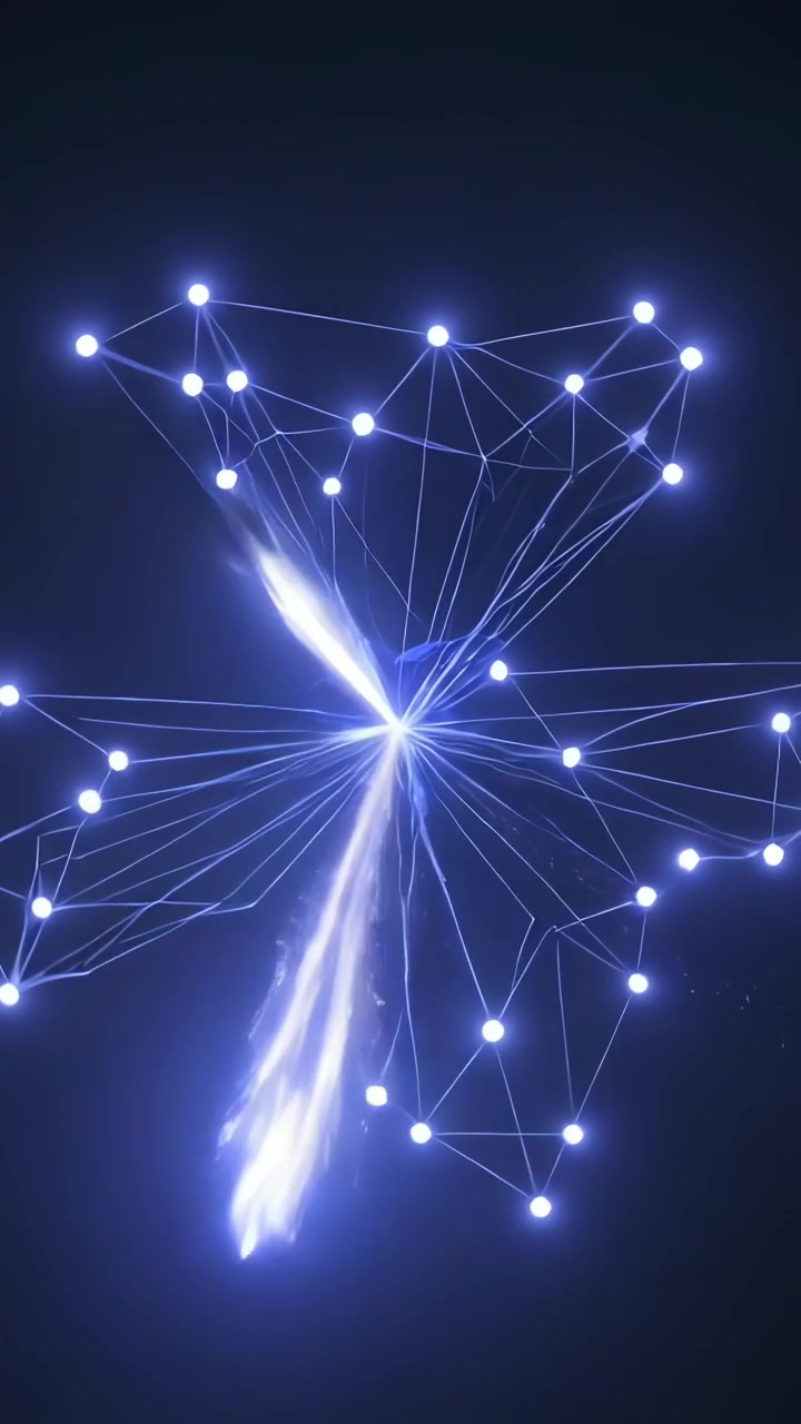 Video verticale: Nucleo luminoso pulsante con scia di cometa lungo filamenti in un vuoto oscuro, nodi energizzanti