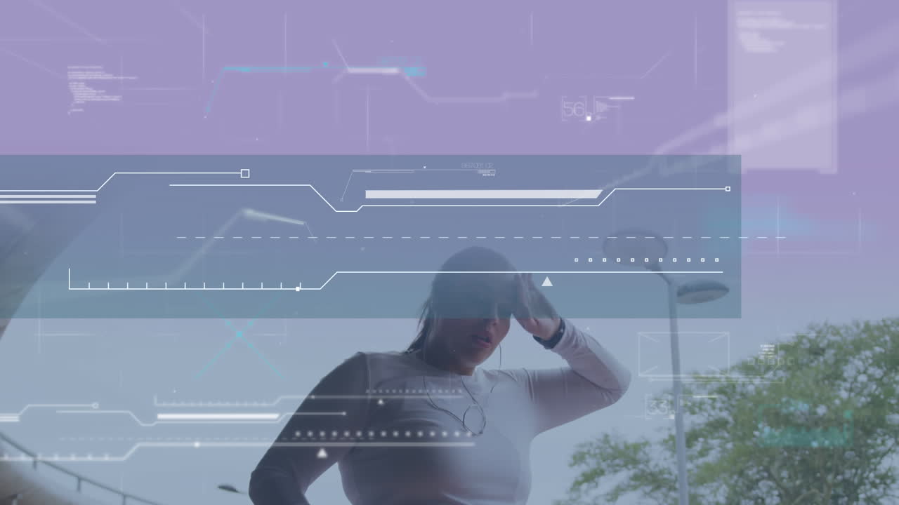 플러스 사이즈 백인 여성이 도시 거리에서 운동하는 데이터 처리 애니메이션