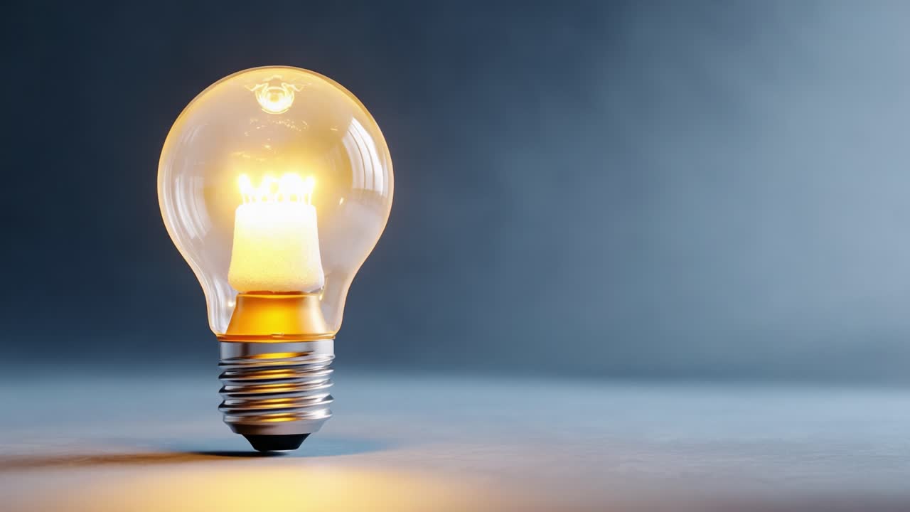 A Close-Up View of a Modern Light Bulb Transitioning from Off to On, Showcasing the Elegant Design and Intricate Bulb Filament Illuminating the Surrounding Space