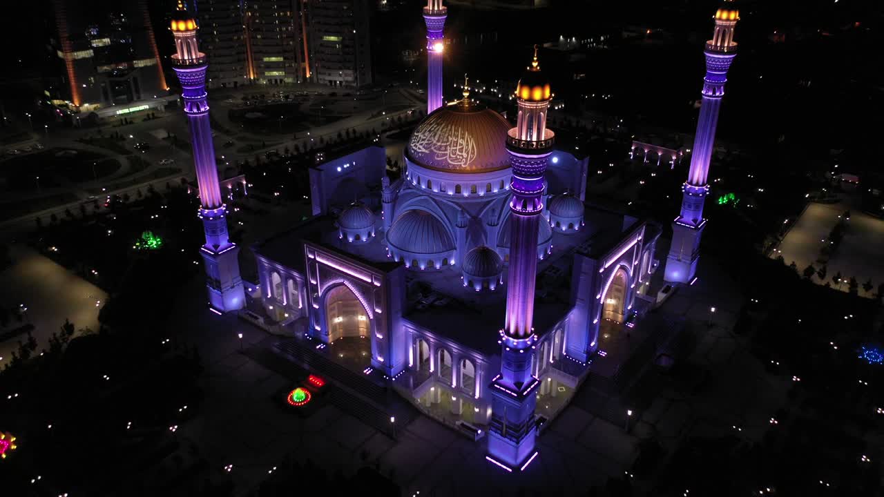 Mosque Pride of Muslims named after the prophet Muhammad in the city of Shali. The largest mosque in Europe. Aerial view
