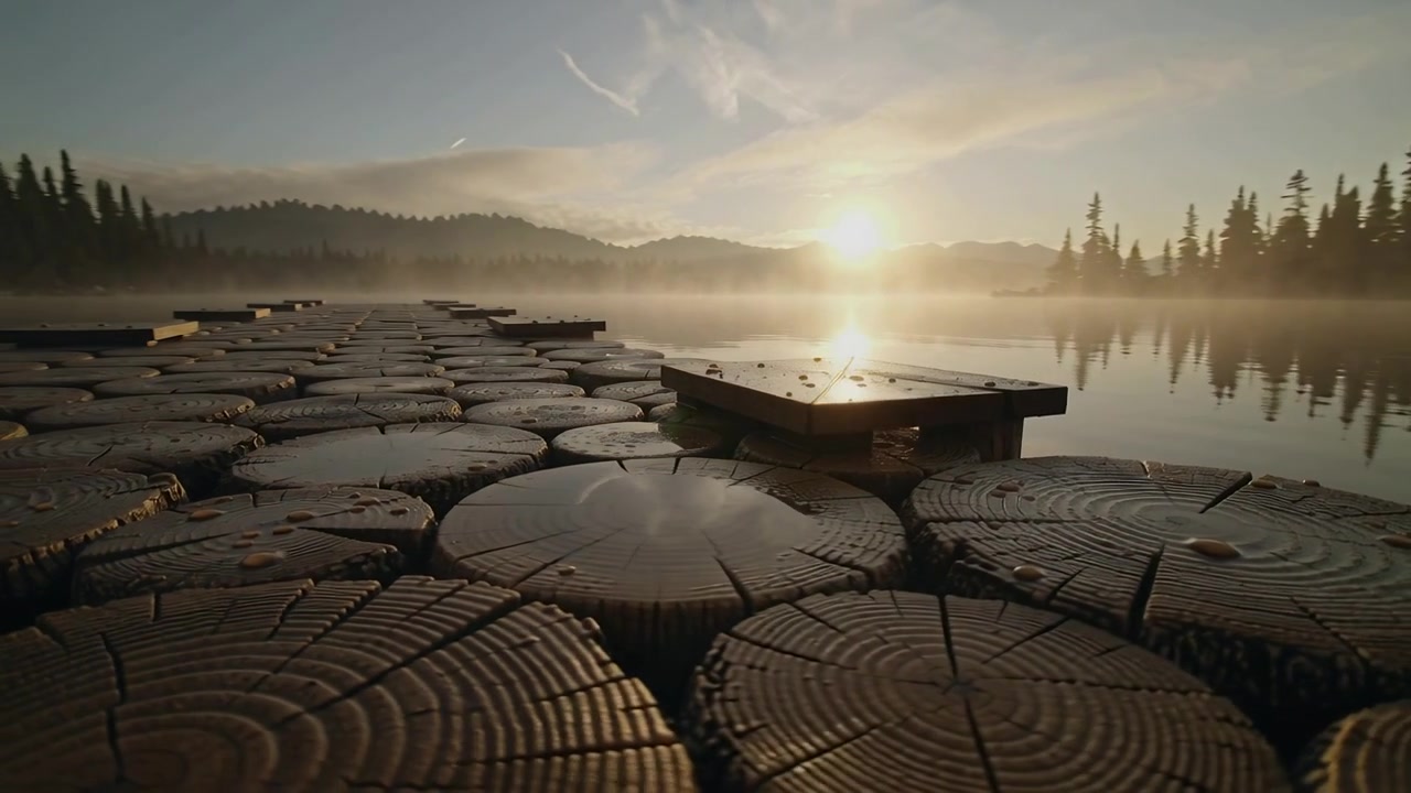 Pulling back and panning camera revealing floating log pier with small platform at lake, sun rising