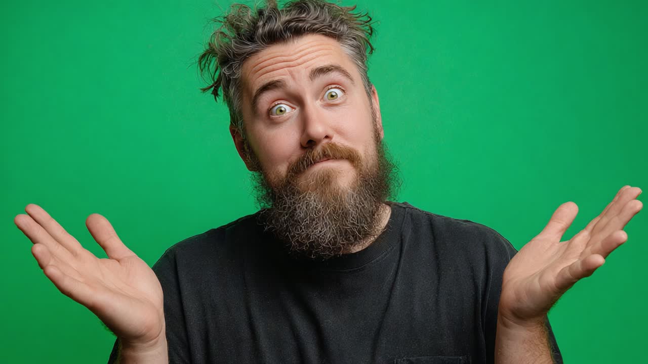A man with a playful expression is seen gesturing with open palms against a vibrant green background, embodying a sense of confusion or indecisiveness, perfect for humorous content