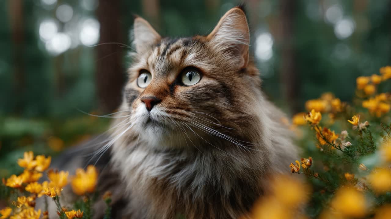 A Majestic Cat Surrounded by Vibrant Flowers in a Lush Forest Setting Captures the Beauty of Nature with Its Striking Gaze and Lush Fur